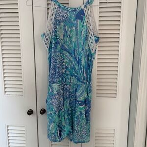 Blue and Green Patterned romper with Lace Straps